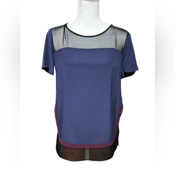 DIANE VON FURSTENBERG SILK COLOR-BLOCK BECKY TOP 8 Navy Black - Picture 3 of 7